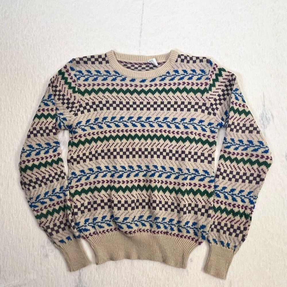 Vintage Women's Knit Sweater Size S Beige Blue Green Geometric 80s 90s